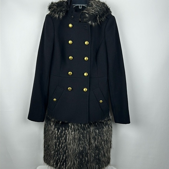 Rachel Zoe 100% Wool Military Style Faux Fur Trim Midi Coat - Picture 1 of 12